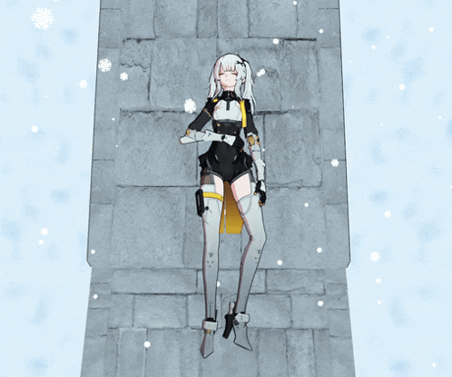 a girl with white hair is laying on a brick wall with snow falling around her
