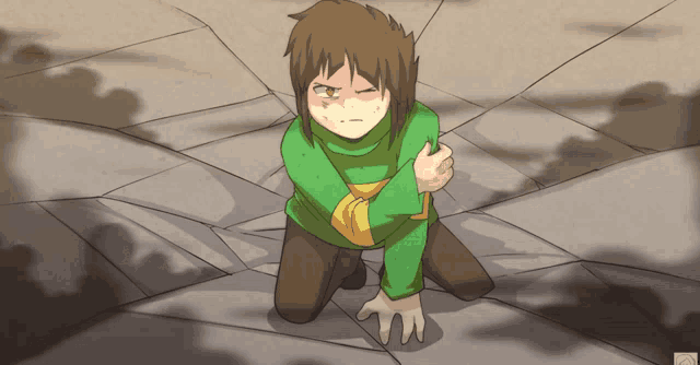 a cartoon drawing of a boy in a green shirt kneeling down