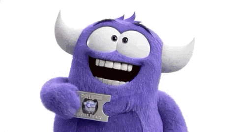 a purple monster with horns is holding a credit card in his hand .