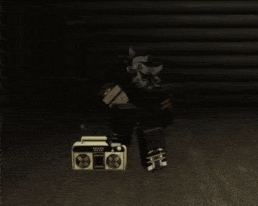 a cartoon character is standing next to a boombox on a wood floor