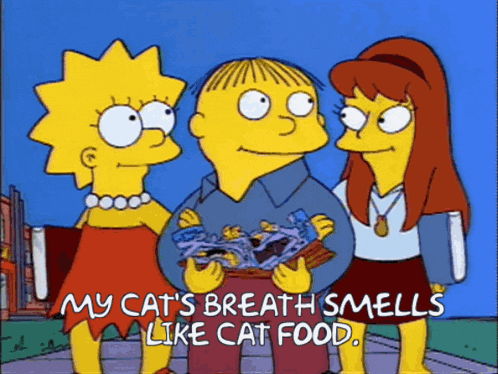 a cartoon of a man holding a book with the words my cat 's breath smells like cat food
