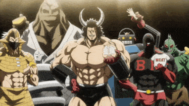 a group of cartoon characters with one wearing a shirt that says meat on it