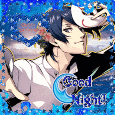 a picture of a man holding a mask with the words good night written below him