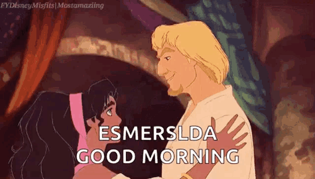 a cartoon of a man and a woman hugging and saying good morning