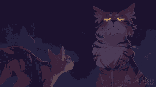 a drawing of two cats with the name kinscis on the bottom right
