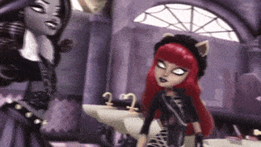 two monster high dolls are standing in front of a sink