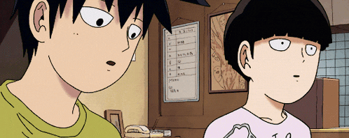 two cartoon characters are standing next to each other in front of a white board that says ' a '