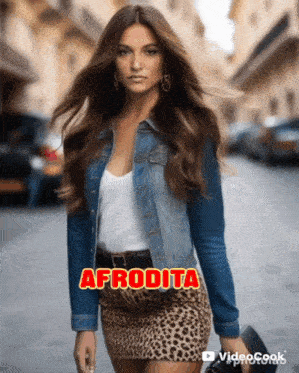 a woman wearing a leopard print skirt and a denim jacket with the name afrodita on the bottom