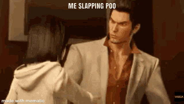 a man in a suit and a woman in a hoodie are having a fight .