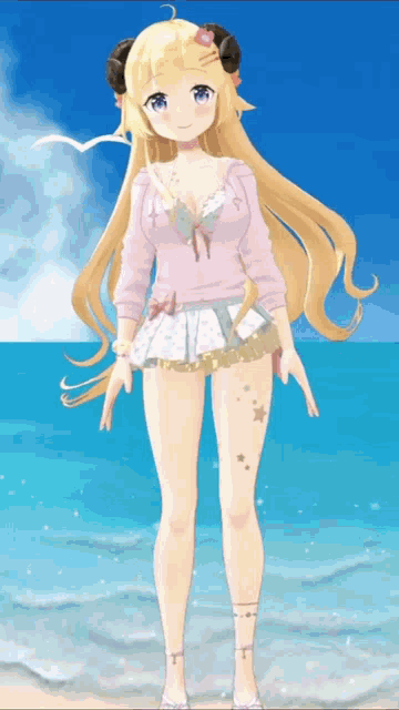 a girl with long blonde hair and horns is standing on a beach .