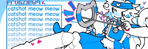 a cartoon drawing of a cat holding a sword with the words catshot meow meow in the background