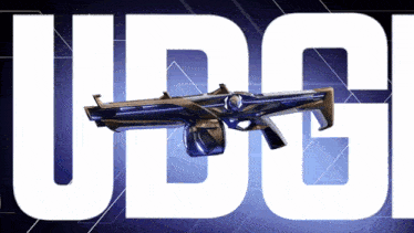 a futuristic looking weapon is displayed in front of the word udgi