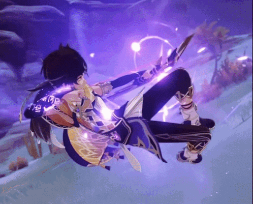 a video game character is laying on the ground with a purple light coming out of his chest