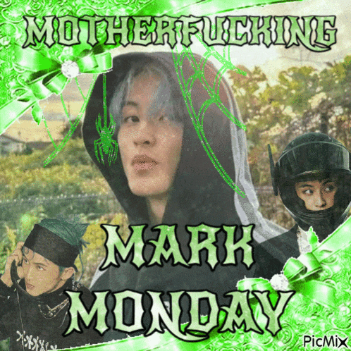 a picture of a man in a hoodie with the words motherfucking mark monday