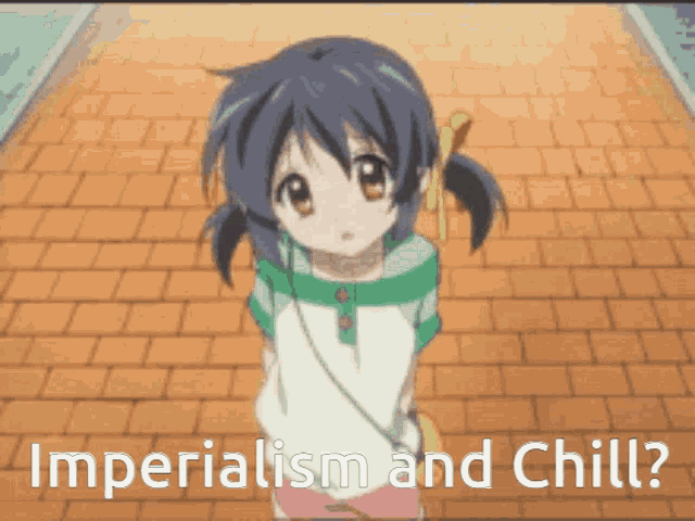 a little girl standing on a brick sidewalk with the words imperialism and chill