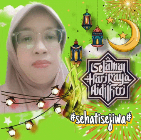 a woman wearing glasses and a hijab is surrounded by lanterns and a crescent moon on a green background