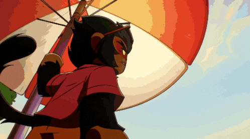 a cartoon of a monkey holding an umbrella against a blue sky