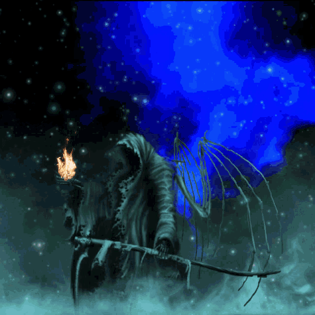 a grim reaper with a torch in his hand stands in front of a blue background