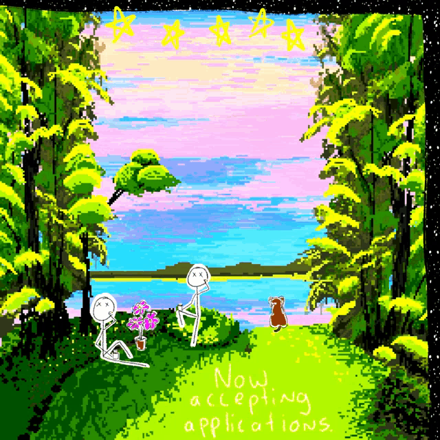 a pixel art of a landscape with the words now accepting applications below it