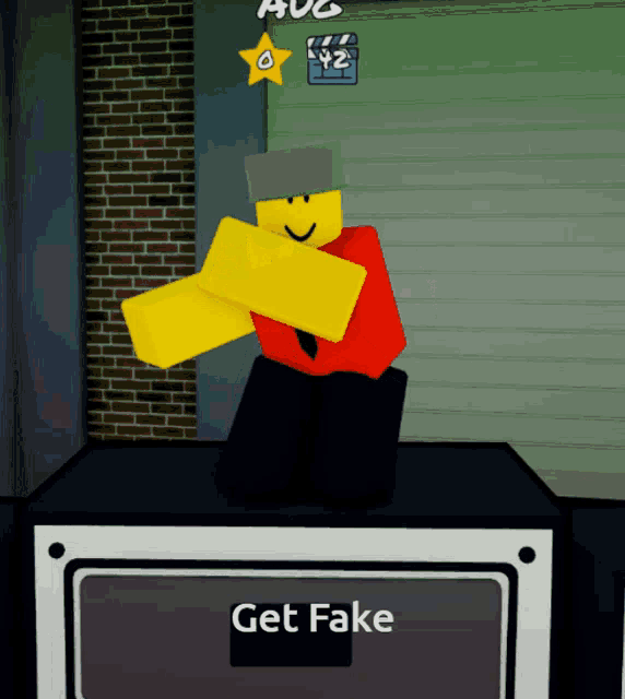 a cartoon character is standing in front of a sign saying get fake