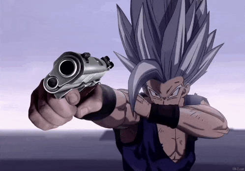a cartoon character is holding a gun in his right hand
