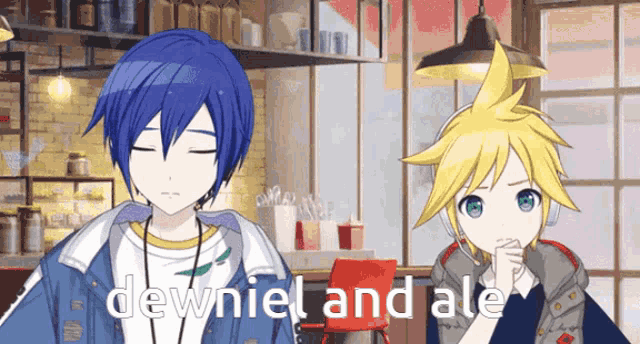 two anime characters with the words dewniel and ale