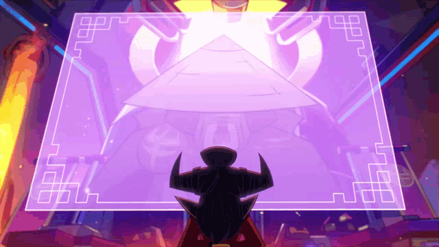 a cartoon character stands in front of a large purple pyramid