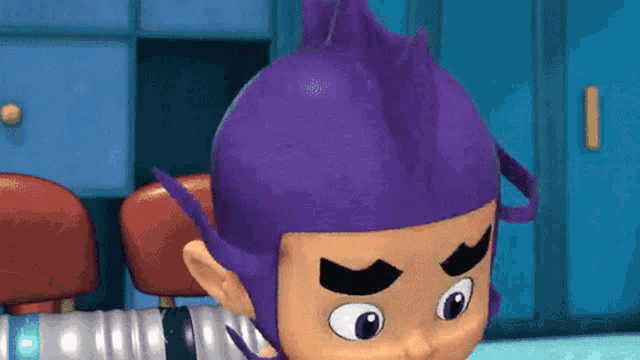 a cartoon character with a purple mohawk and a purple hat