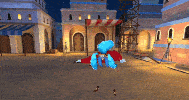 a cartoon character wearing a shirt that says ' ain ' on it is flying through the air