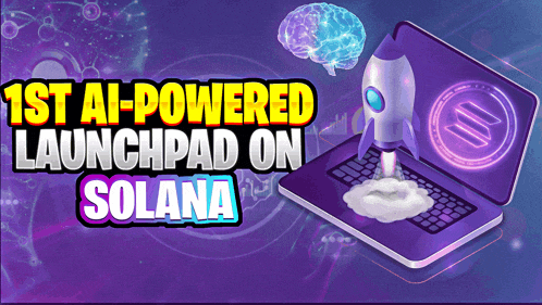 a purple laptop with a rocket coming out of it and the words 1st ai-powered launchpad on solana