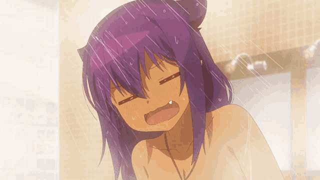 a girl with purple hair is taking a shower with her eyes closed
