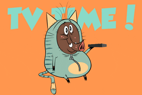 a cartoon drawing of a cat dressed as a boar holding a remote