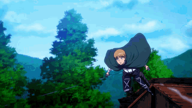a man in a cape is holding a sword in front of a forest