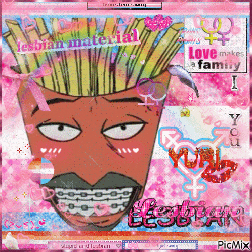 a picture of a cartoon character with braces on his teeth and the words lesbian material on the bottom