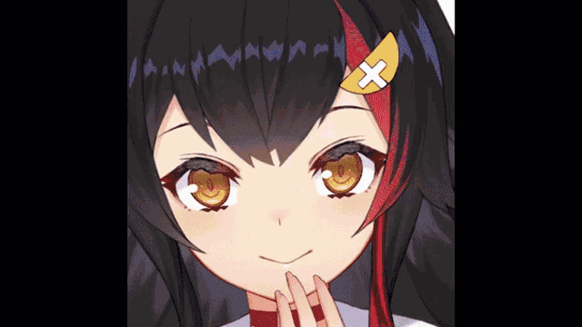 a close up of a anime girl with a yellow cross on her hair