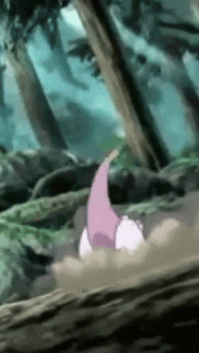 a cartoon character is walking through a forest with a pink tail .