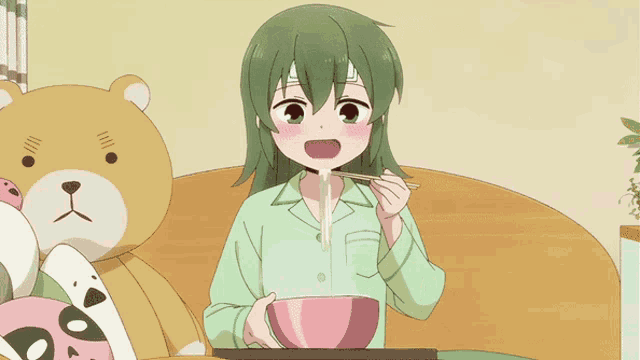 a girl with green hair is eating a bowl of food with chopsticks
