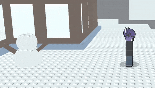a purple object is standing on a white tile floor in front of a building