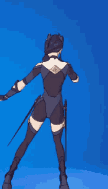 a cartoon character is standing in front of a blue background .