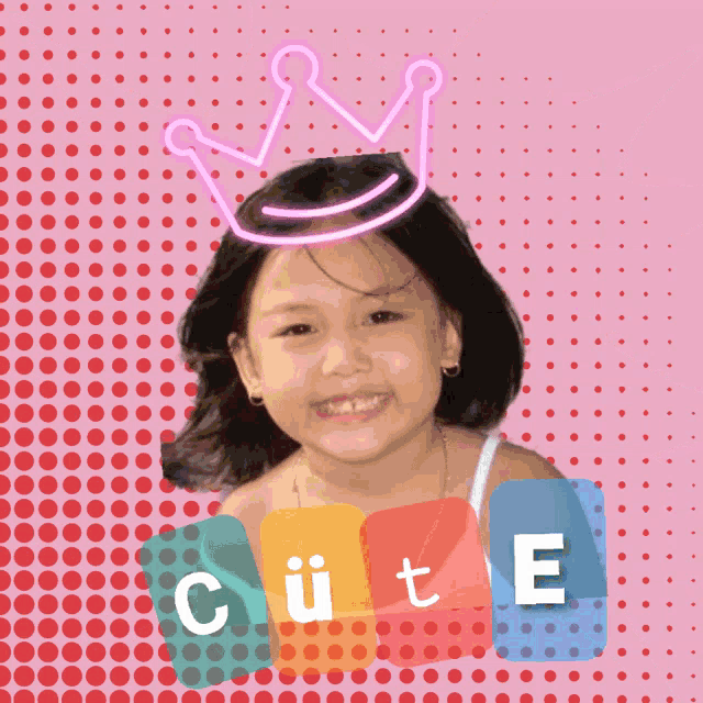 a little girl with a crown on her head and the word cute in the corner