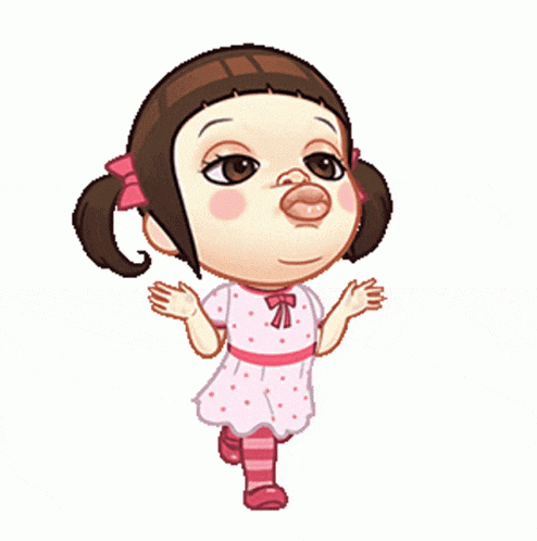 a cartoon girl with pigtails is wearing a pink polka dot dress and pink striped socks
