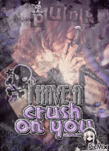 a girl singing into a microphone with the words " i have a crush on you " on the bottom