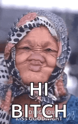 an elderly woman wearing a scarf around her head is making a funny face and says `` hi bitch '' .
