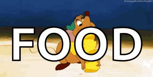 a cartoon mouse is eating a piece of food and the word food is above it