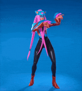 a woman with pink hair and a cat mask is dancing in a video game on a blue background .