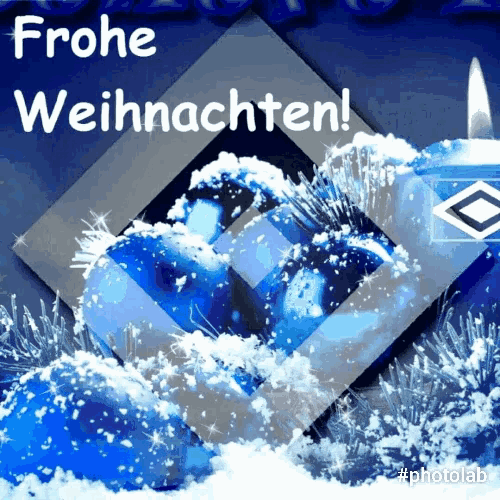 a blue and white christmas card with the words frohe weihnachten on it