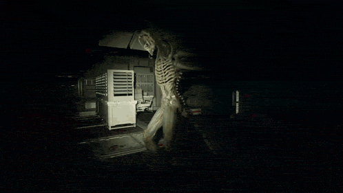 a person in a hooded jacket is standing in a dark room