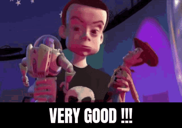 buzz lightyear and woody from toy story are standing next to each other with the words `` very good !!! '' written above them .