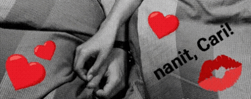 a black and white photo of a man and woman holding hands with hearts and the words " nanit cari "