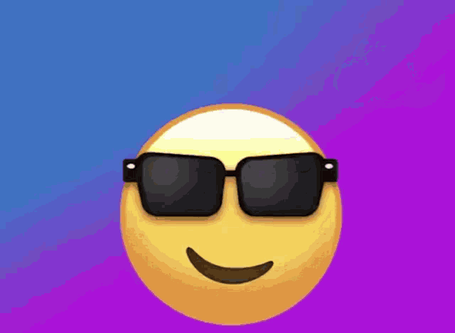 a yellow smiley face wearing sunglasses on a purple background